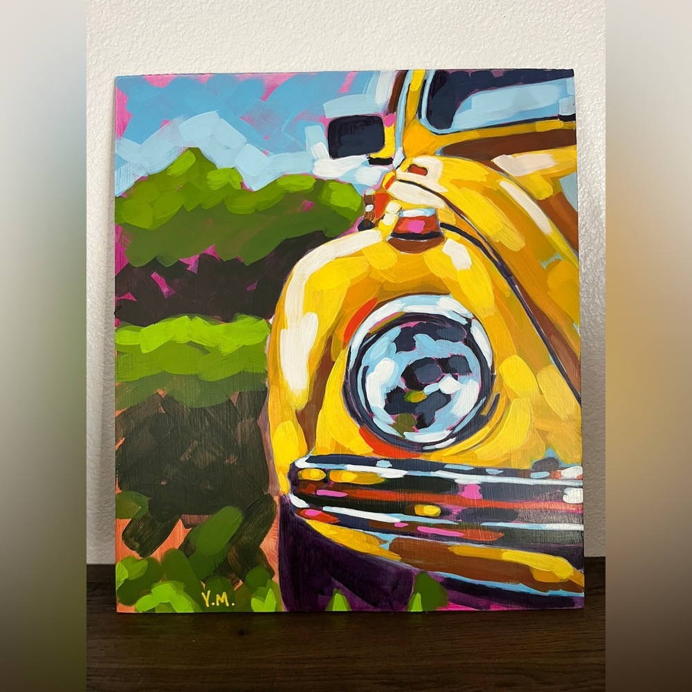 Original Volks Wagen Beetle Canvas Acrylic Paint By Yahara 12x12” Unique